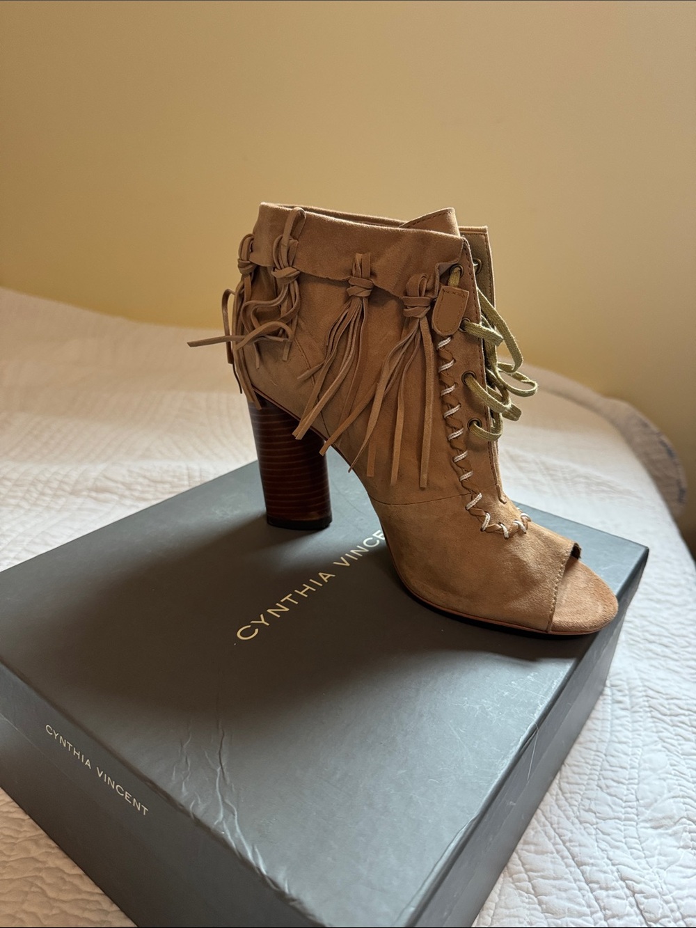 Cynthia Vincent Fringe Lace-Up Ankle Boot in Beige/Tan